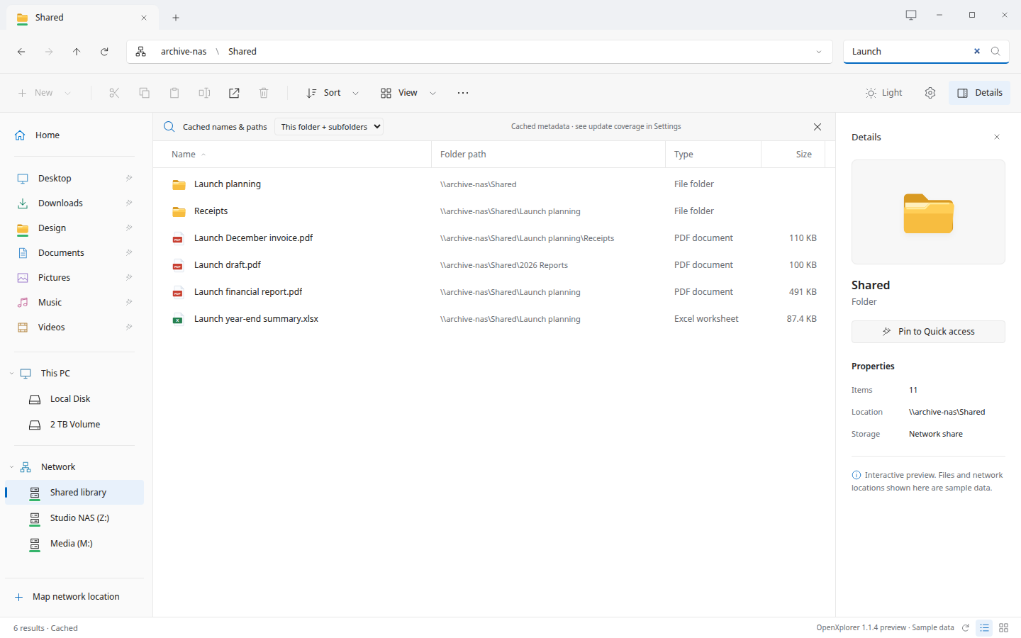 Actual cached search with complete SMB folder paths
